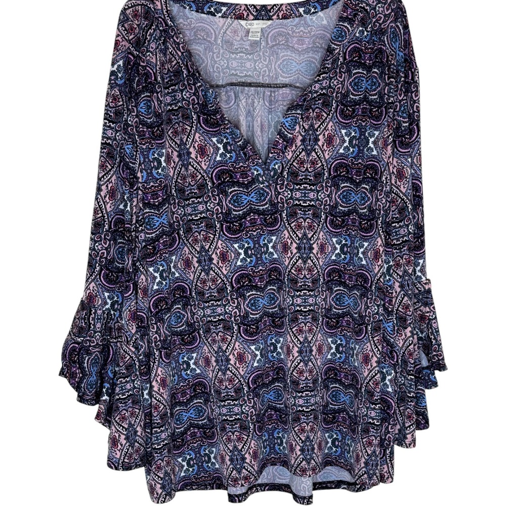 Cato Plus Size 26 28W Paisley Bell Sleeve V Neck Blouse Top Kightweight Casual - Picture 3 of 12